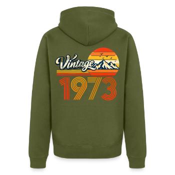 Vintage 1973 Mountain Sunset 53. Geburtstagsabschlag - Unisex Premium Bio Zip Hoodie - Khaki - Hinten - Nico (187cm)