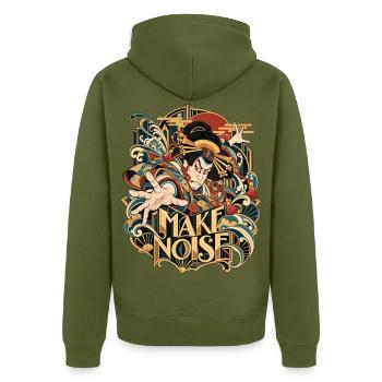 Ukiyo-E Krieger Make Noise - Unisex Premium Bio Zip Hoodie - Khaki - Hinten - Nico (187cm)