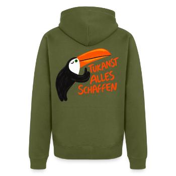 Tukanst alles schaffen – Lustiger Tukan Motiv - Unisex Premium Bio Zip Hoodie - Khaki - Hinten - Nico (187cm)