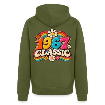 1967 Klassische Regenbogenblumen - Unisex Premium Bio Zip Hoodie - Khaki - Hinten - Nico (187cm)