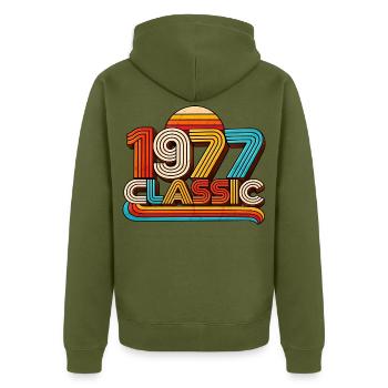 1977 Retro Rainbow Classic - Unisex Premium Bio Zip Hoodie - Khaki - Hinten - Nico (187cm)