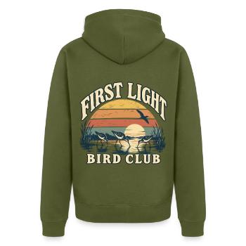 First Light Bird Club Vogelbeobachtung - Unisex Premium Bio Zip Hoodie - Khaki - Hinten - Nico (187cm)