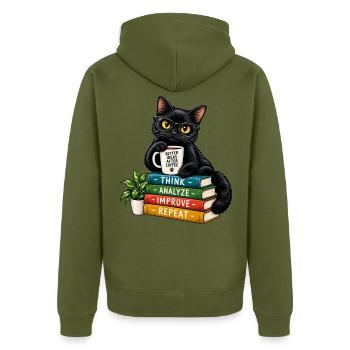 Nerdy Katze mit Kaffee und Büchern - Unisex Premium Bio Zip Hoodie - Khaki - Hinten - Nico (187cm)