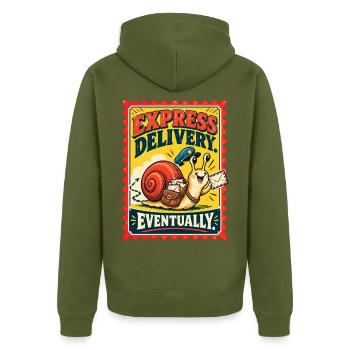  Express Delivery Eventually Lieferservice - Unisex Premium Bio Zip Hoodie - Khaki - Hinten - Nico (187cm)