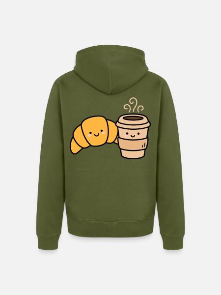 Kawaii Croissant Kaffee-Duo - Unisex Premium Bio Zip Hoodie - Khaki