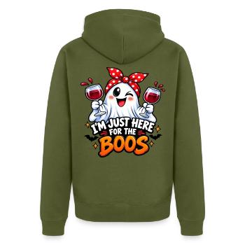 Geist mit Wein – Ich bin hier für Vogelscheuchen - Unisex Premium Bio Zip Hoodie - Khaki - Hinten - Nico (187cm)