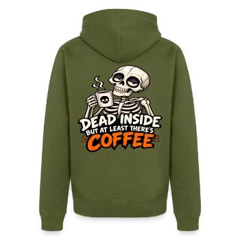 Tot im Inneren, aber es gibt Kaffee - Unisex Premium Bio Zip Hoodie - Khaki - Hinten - Nico (187cm)