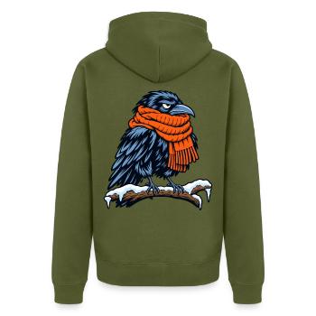 Krähe mit orangefarbenem Schal - Unisex Premium Bio Zip Hoodie - Khaki - Hinten - Nico (187cm)