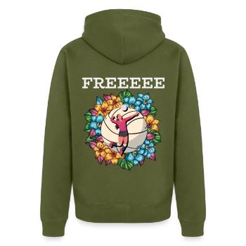 Freeeee – Volleyball mit Blumen Spielerin - Unisex Premium Bio Zip Hoodie - Khaki - Hinten - Nico (187cm)