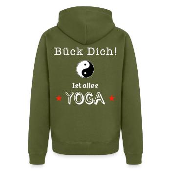 bueck dich yoga - Unisex Premium Bio Zip Hoodie - Khaki - Hinten - Nico (187cm)