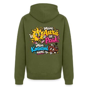 Meine Aura ist Peak – Kontostand - Unisex Premium Bio Zip Hoodie - Khaki - Hinten - Nico (187cm)
