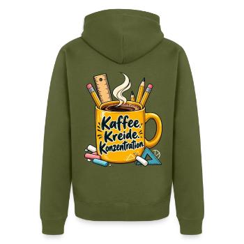 Lehrer Shirt mit Kaffeetasse und Spruch Kaffee  - Unisex Premium Bio Zip Hoodie - Khaki - Hinten - Nico (187cm)