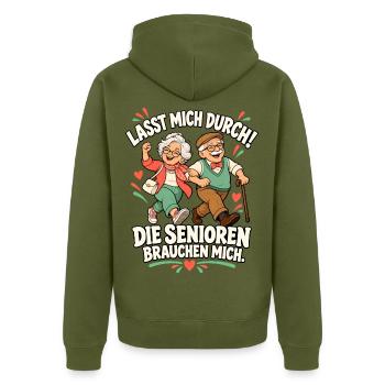 Lasst mich durch – Die Senioren brauchen mich - Unisex Premium Bio Zip Hoodie - Khaki - Hinten - Nico (187cm)