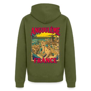 View City Vintage Angouleme France European - Unisex Premium Bio Zip Hoodie - Khaki - Hinten - Nico (187cm)