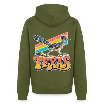 Texas Roadrunner Retro Neon - Unisex Premium Bio Zip Hoodie - Khaki - Hinten - Nico (187cm)