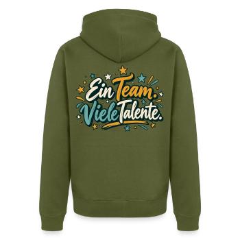 Team Shirt personalisierbar mit Teamname Ein Team  - Unisex Premium Bio Zip Hoodie - Khaki - Hinten - Nico (187cm)