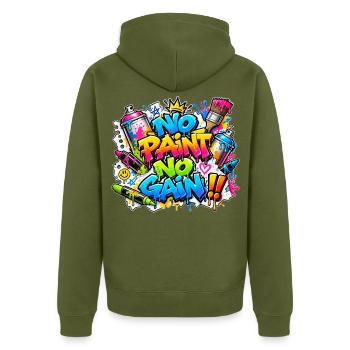 KEIN ANMALEN, KEIN WINS, Aufkleber – Graffiti, das knallt! - Unisex Premium Bio Zip Hoodie - Khaki - Hinten - Nico (187cm)