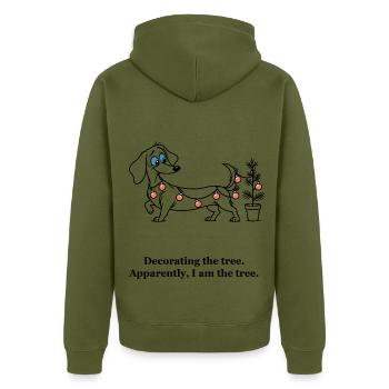 Der Dackel wird zum Weihnachtsbaum - Unisex Premium Bio Zip Hoodie - Khaki - Hinten - Nico (187cm)