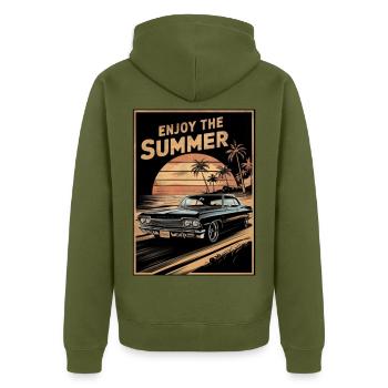 Sonnenuntergang mit dem Sommer-Oldtimer - Unisex Premium Bio Zip Hoodie - Khaki - Hinten - Nico (187cm)