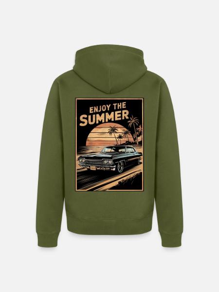 Sonnenuntergang mit dem Sommer-Oldtimer - Unisex Premium Bio Zip Hoodie - Khaki