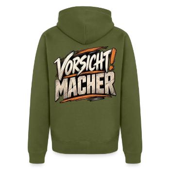 Vorsicht Macher – Handwerker Spruch - Unisex Premium Bio Zip Hoodie - Khaki - Hinten - Nico (187cm)