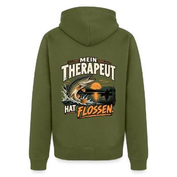 Mein Therapeut hat Flossen – Angler Geschenk - Unisex Premium Bio Zip Hoodie - Khaki - Hinten - Nico (187cm)