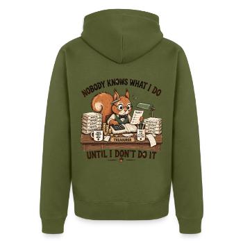 Niemand weiß, was ich tue, bis ich es tu - Unisex Premium Bio Zip Hoodie - Khaki - Hinten - Nico (187cm)