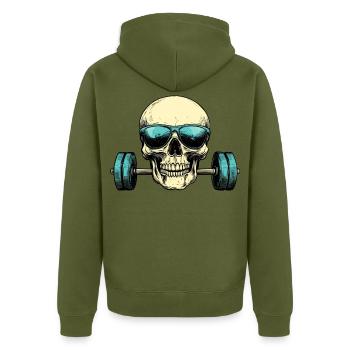 Totenkopf Sonnenbrille Hantel - Unisex Premium Bio Zip Hoodie - Khaki - Hinten - Nico (187cm)