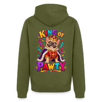 King Of Pawty Französische Bulldogge Königsparty - Unisex Premium Bio Zip Hoodie - Khaki - Hinten - Nico (187cm)