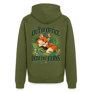 Out Of Office Into The Ferns Fuchs Im Farnwald - Unisex Premium Bio Zip Hoodie - Khaki - Hinten - Nico (187cm)