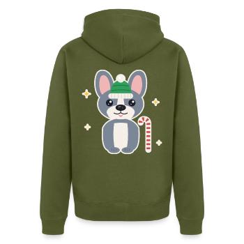 Französische Bulldogge mit Zuckerstange - Unisex Premium Bio Zip Hoodie - Khaki - Hinten - Nico (187cm)