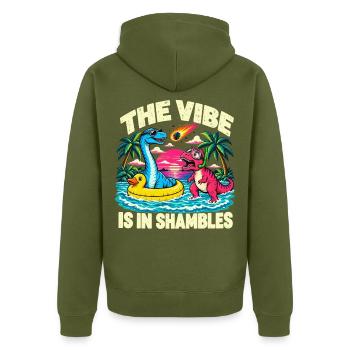 Pool Dinosaurier Die Stimmung ist im Chaos - Unisex Premium Bio Zip Hoodie - Khaki - Hinten - Nico (187cm)