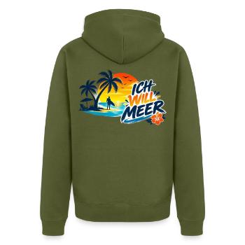 Tropischer_Sonnenuntergang_mit_ICH_WILL_MEER - Unisex Premium Bio Zip Hoodie - Khaki - Hinten - Nico (187cm)
