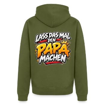 Lass das mal den Papa machen - Unisex Premium Bio Zip Hoodie - Khaki - Hinten - Nico (187cm)