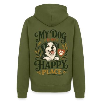 Mein Hund ist mein Glücksort – Design für Hundeliebhaber - Unisex Premium Bio Zip Hoodie - Khaki - Hinten - Nico (187cm)
