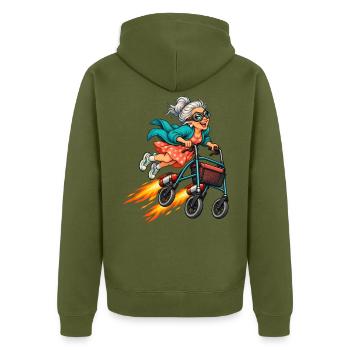 Lustige Oma mit Raketenrollator und Fliegerbrille - Unisex Premium Bio Zip Hoodie - Khaki - Hinten - Nico (187cm)