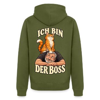 Ich bin der Chef – Katzenhumor - Unisex Premium Bio Zip Hoodie - Khaki - Hinten - Nico (187cm)