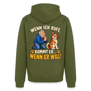 Wenn ich rufe kommt er Wenn er will - Unisex Premium Bio Zip Hoodie - Khaki - Hinten - Nico (187cm)