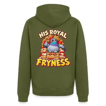Taube auf Pommes Thron mit His Royal Fryness - Unisex Premium Bio Zip Hoodie - Khaki - Hinten - Nico (187cm)