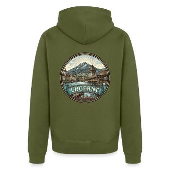 Luzern Schweiz Reiseabzeichen Kapellenbrücke - Unisex Premium Bio Zip Hoodie - Khaki - Hinten - Nico (187cm)