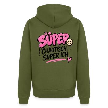 Super Chaotisch, Super Ich - Unisex Premium Bio Zip Hoodie - Khaki - Hinten - Nico (187cm)