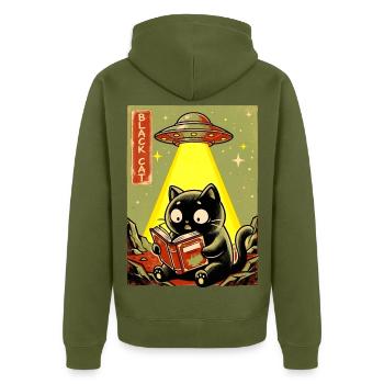 Leseabend unter UFO Lichtkatze - Unisex Premium Bio Zip Hoodie - Khaki - Hinten - Nico (187cm)