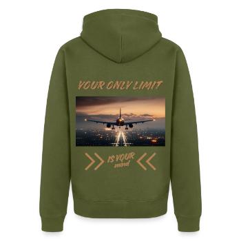 Your Only Limit Is Your Mind – Flugzeug Mindset - Unisex Premium Bio Zip Hoodie - Khaki - Hinten - Nico (187cm)