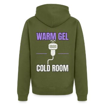 Ultraschall - Warm Gel Cold Room - Medizintechnik  - Unisex Premium Bio Zip Hoodie - Khaki - Hinten - Nico (187cm)