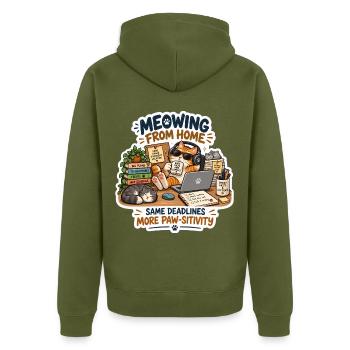 Meowing from Home Katzenbüro - Unisex Premium Bio Zip Hoodie - Khaki - Hinten - Nico (187cm)