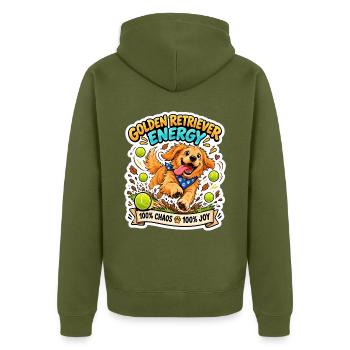 Golden Retriever Energie Print - Unisex Premium Bio Zip Hoodie - Khaki - Hinten - Nico (187cm)