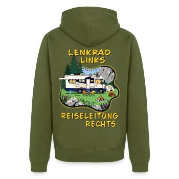 CAMPING LENKRAD LINKS REISELEITUNG RECHTS - Unisex Premium Bio Zip Hoodie - Khaki - Hinten - Nico (187cm)