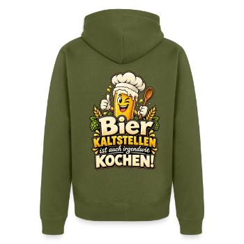 Bier kaltstellen ist auch irgendwie Kochen! - Unisex Premium Bio Zip Hoodie - Khaki - Hinten - Nico (187cm)