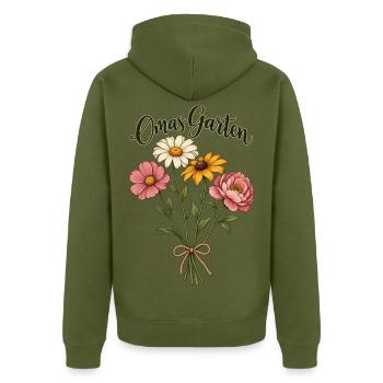 Omas Garten Shirt personalisierbar mit dem Namen  - Unisex Premium Bio Zip Hoodie - Khaki - Hinten - Nico (187cm)