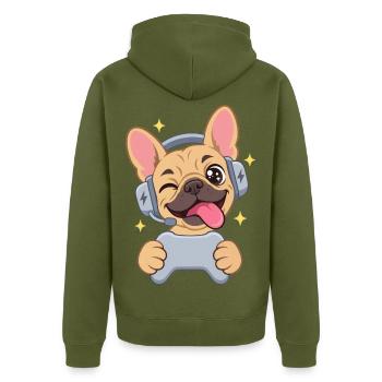 Gaming Französische Bulldogge Frenchie Headset - Unisex Premium Bio Zip Hoodie - Khaki - Hinten - Nico (187cm)